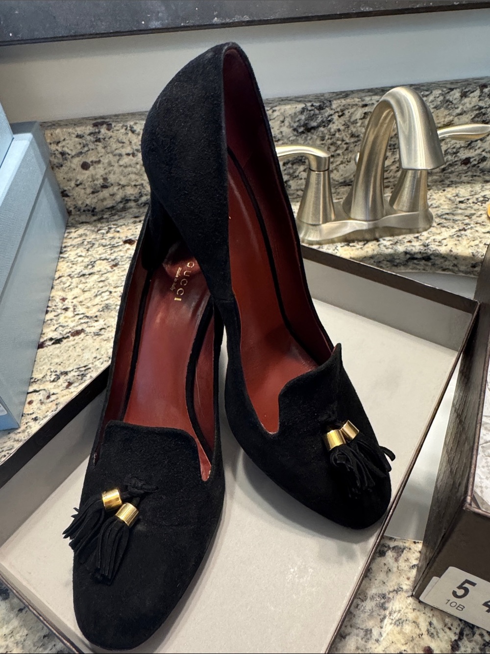 Gucci Black Suede Tassel Pumps with Gold Accents 40